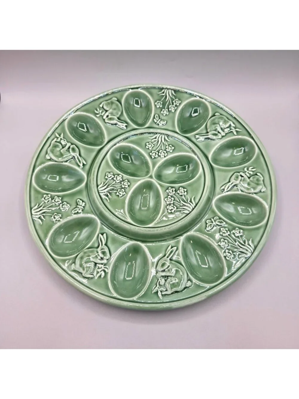 Bordallo Pinheiro Rabbit Green Majolica Deviled Egg Plate 13” Serving Portugal